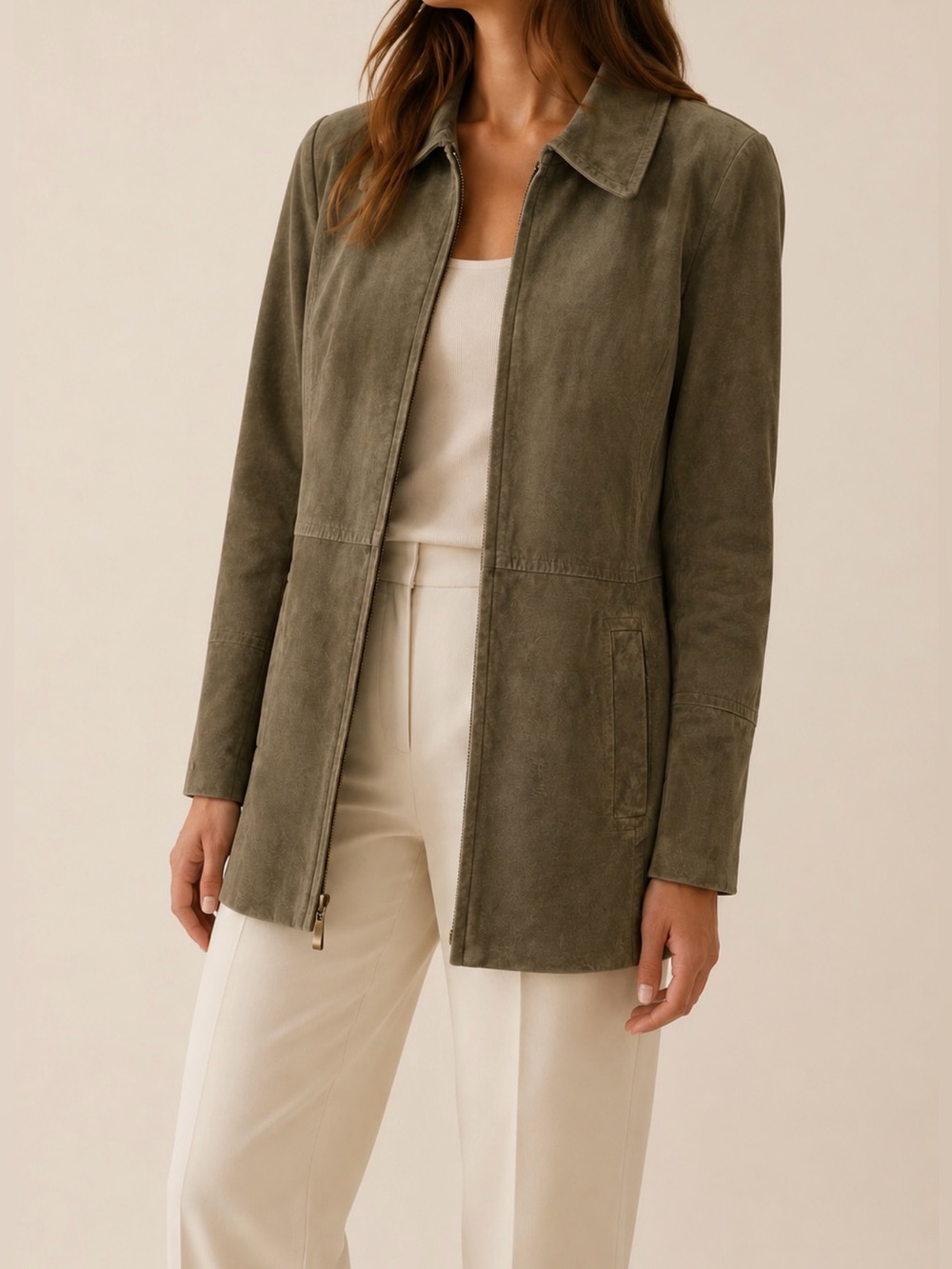 Simon Chang Olive Green Suede Zip Front Jacket Coat Large